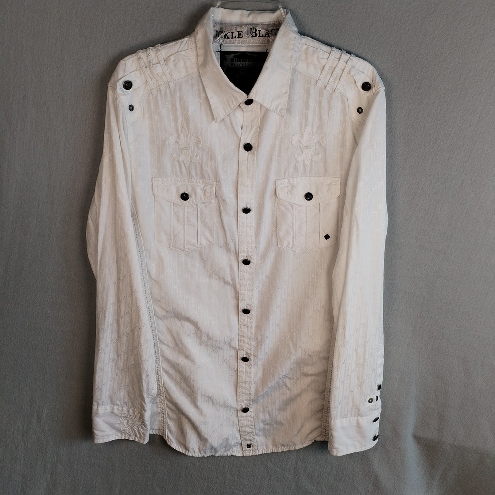 Buckle Black Label Men's Large Slim Fit Shirt White Fleur De Lis Embroidered